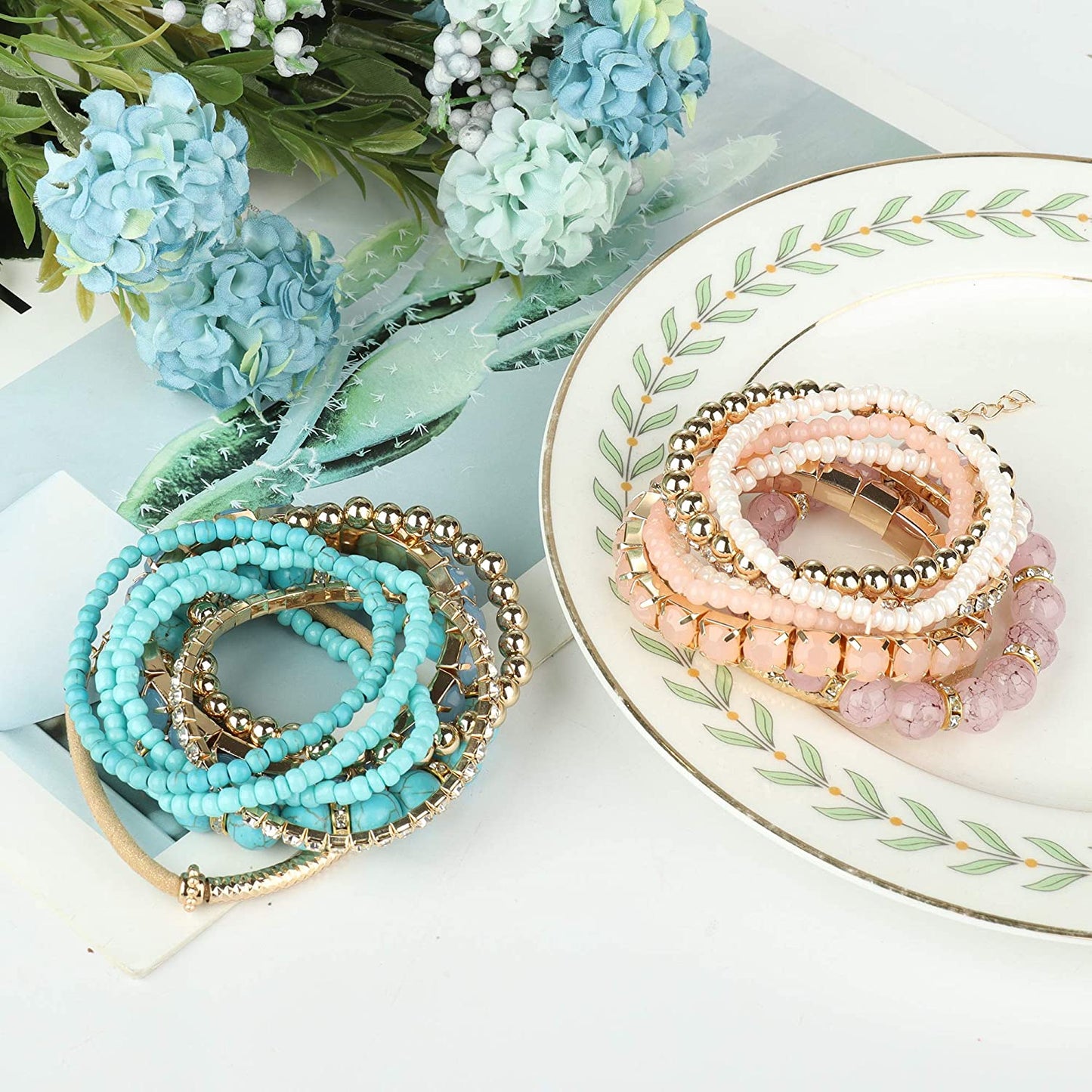 SAILIMUE 4-6 Sets Bohemian Stackable Bead Bracelets for Women Multicolor Stretch Beaded Bracelets Layered Bead Adjustable Bracelet Pink Black Turquoise Stretch Bracelets Apparel & Accessories > Jewelry > Bracelets sailimue