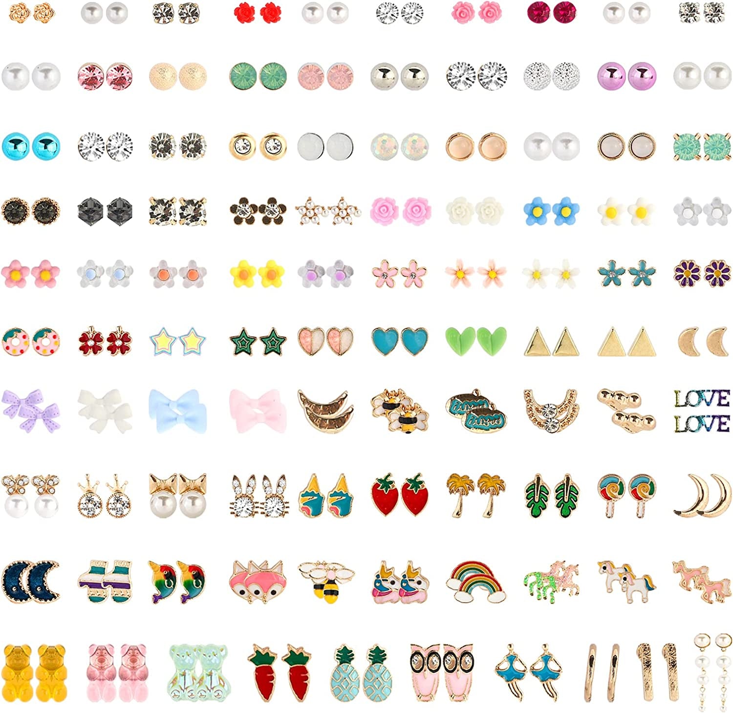 NEWITIN 100 Pairs Colorful Cute Stud Earrings for Girls Hypoallergenic Earrings Stainless Steel Earrings for Women Apparel & Accessories > Jewelry > Earrings NEWITIN Happy Girl