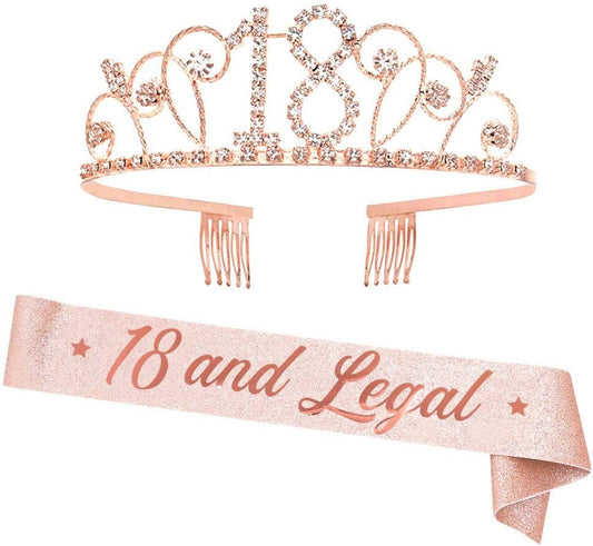 "18 and Legal" Sash and Rhinestone Crown Set - 18Th Birthday Party Gifts Birthday Sash for Girl Birthday Party Supplies Apparel & Accessories > Clothing Accessories > Sashes YULIPS Rose Gold Glitter/ Rose Gold