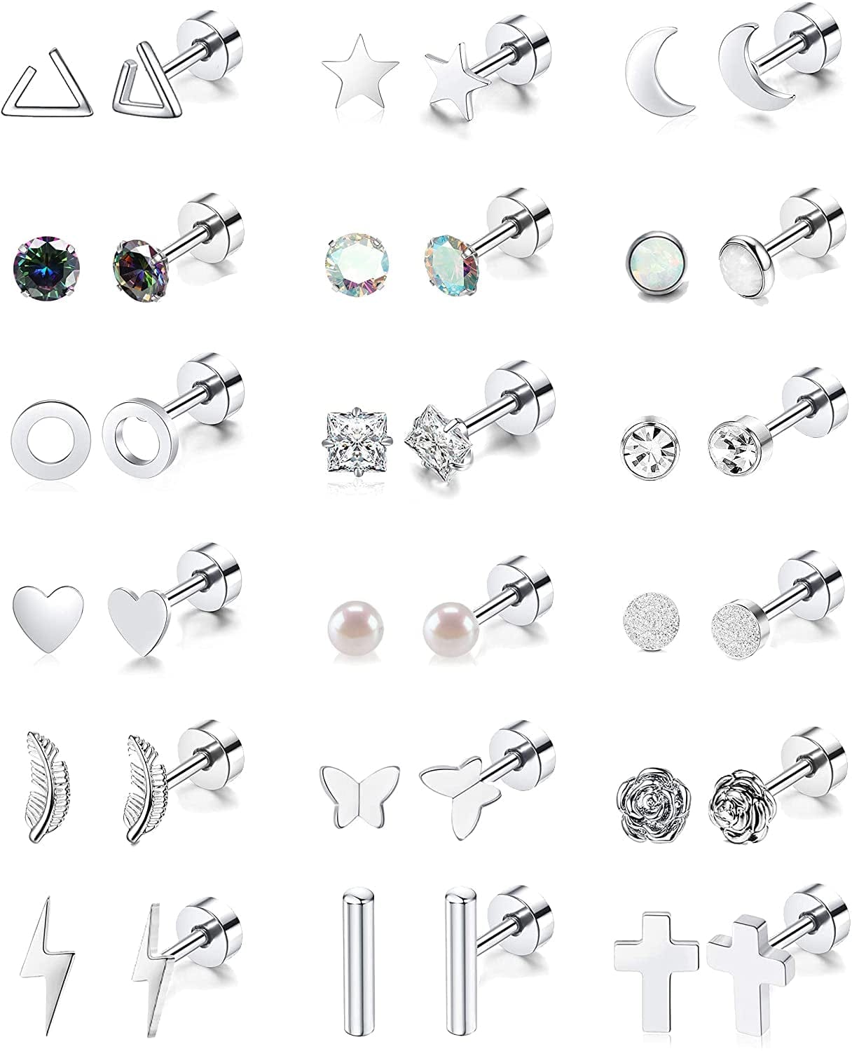 18 Pairs Stainless Steel Stud Earrings Set for Women Men Star Moon Flower Heart Leaf Opal 20G Cartilage Earrings Hypoallergenic Flatback Earrings Piercing Jewelry Apparel & Accessories > Jewelry > Earrings Staligue Silver