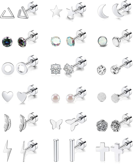 18 Pairs Stainless Steel Stud Earrings Set for Women Men Star Moon Flower Heart Leaf Opal 20G Cartilage Earrings Hypoallergenic Flatback Earrings Piercing Jewelry Apparel & Accessories > Jewelry > Earrings Staligue Silver