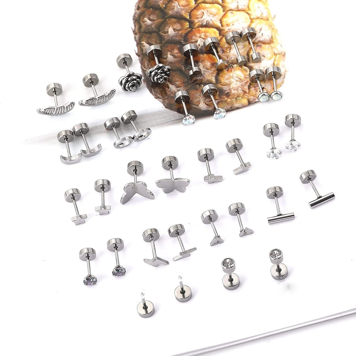 18 Pairs Stainless Steel Stud Earrings Set for Women Men Star Moon Flower Heart Leaf Opal 20G Cartilage Earrings Hypoallergenic Flatback Earrings Piercing Jewelry Apparel & Accessories > Jewelry > Earrings Staligue
