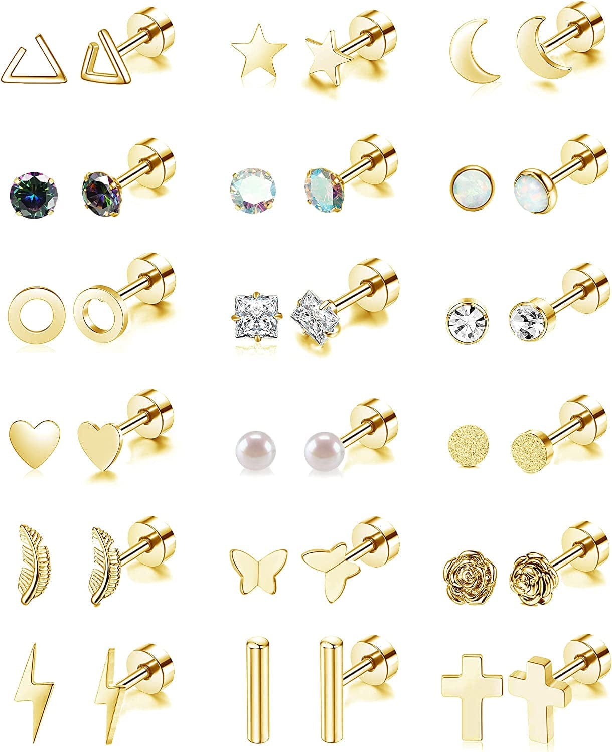 18 Pairs Stainless Steel Stud Earrings Set for Women Men Star Moon Flower Heart Leaf Opal 20G Cartilage Earrings Hypoallergenic Flatback Earrings Piercing Jewelry Apparel & Accessories > Jewelry > Earrings Staligue Gold-Tone