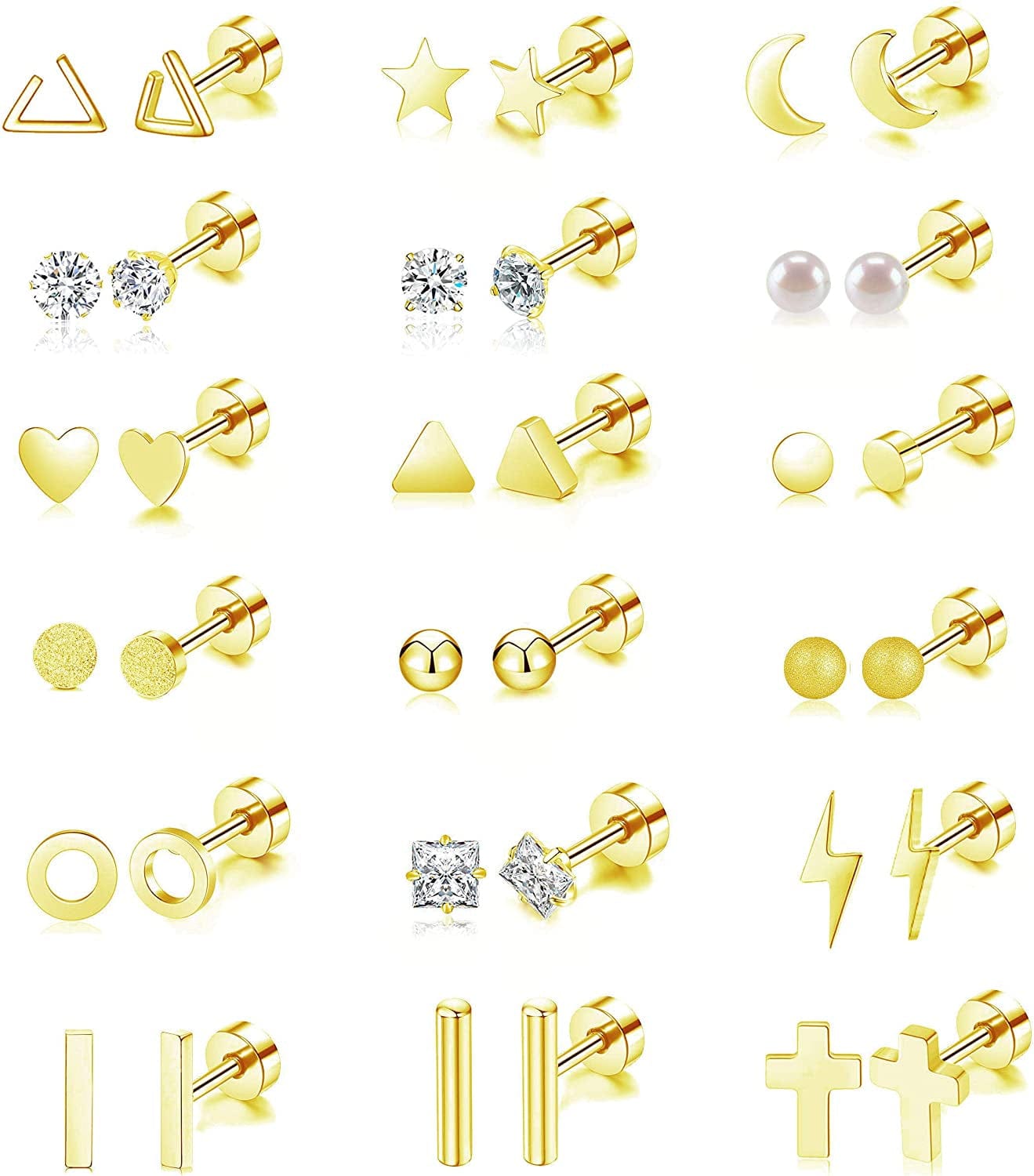18 Pairs Tiny Cartilage Stud Earrings for Women Men Star Moon Heart Disc Ball CZ Small Screwback Flat Back Stud Earrings Stainless Steel Geometric Barbell Flatback Earrings Piercing Set Gold