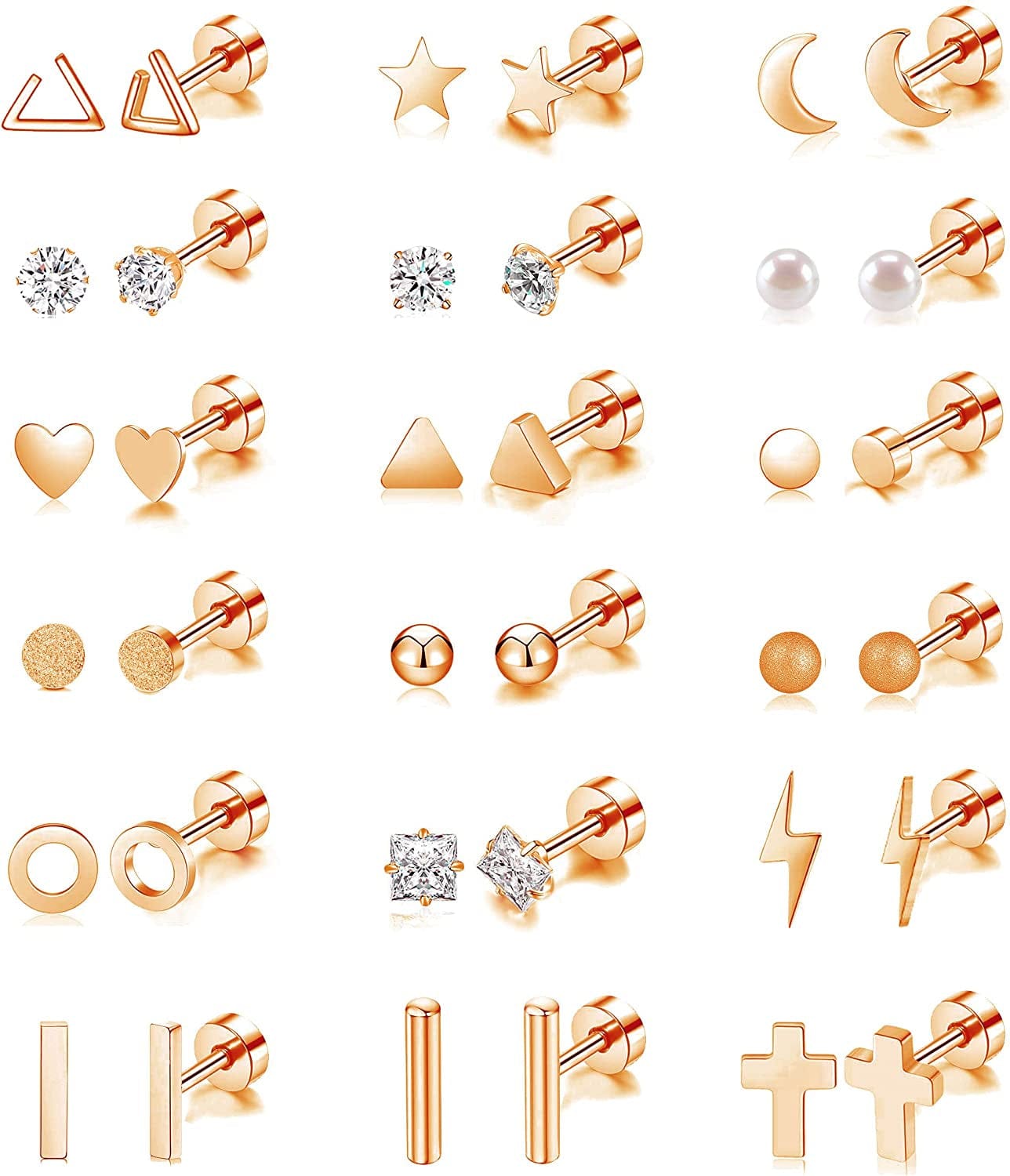 18 Pairs Tiny Cartilage Stud Earrings for Women Men Star Moon Heart Disc Ball CZ Small Screwback Flat Back Stud Earrings Stainless Steel Geometric Barbell Flatback Earrings Piercing Set Rose Gold