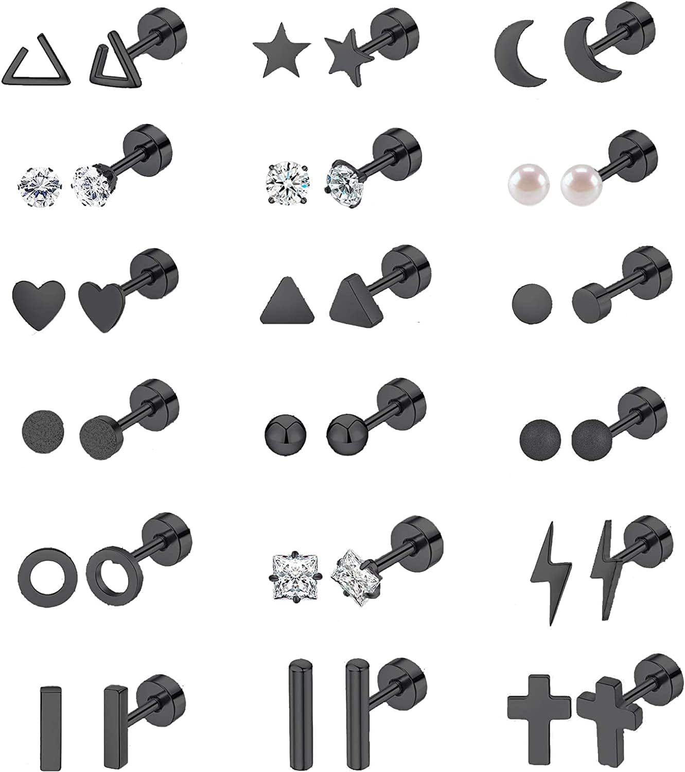 18 Pairs Tiny Cartilage Stud Earrings for Women Men Star Moon Heart Disc Ball CZ Small Screwback Flat Back Stud Earrings Stainless Steel Geometric Barbell Flatback Earrings Piercing Set Black