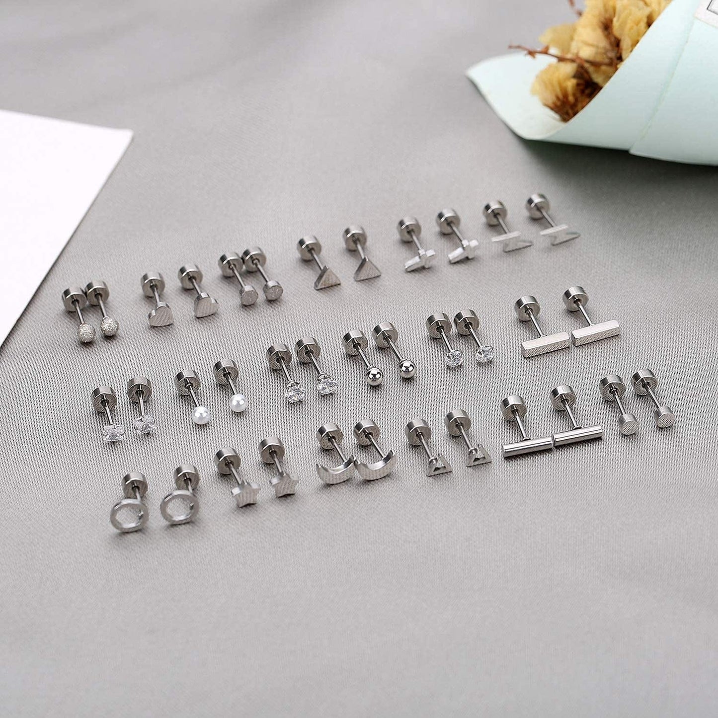 18 Pairs Tiny Cartilage Stud Earrings for Women Men Star Moon Heart Disc Ball CZ Small Screwback Flat Back Stud Earrings Stainless Steel Geometric Barbell Flatback Earrings Piercing Set