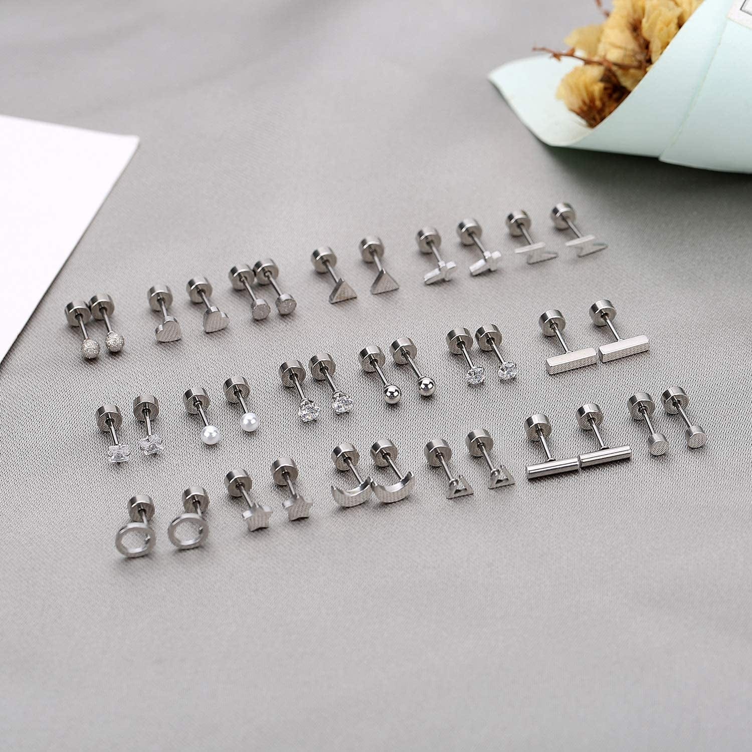 18 Pairs Tiny Cartilage Stud Earrings for Women Men Star Moon Heart Disc Ball CZ Small Screwback Flat Back Stud Earrings Stainless Steel Geometric Barbell Flatback Earrings Piercing Set