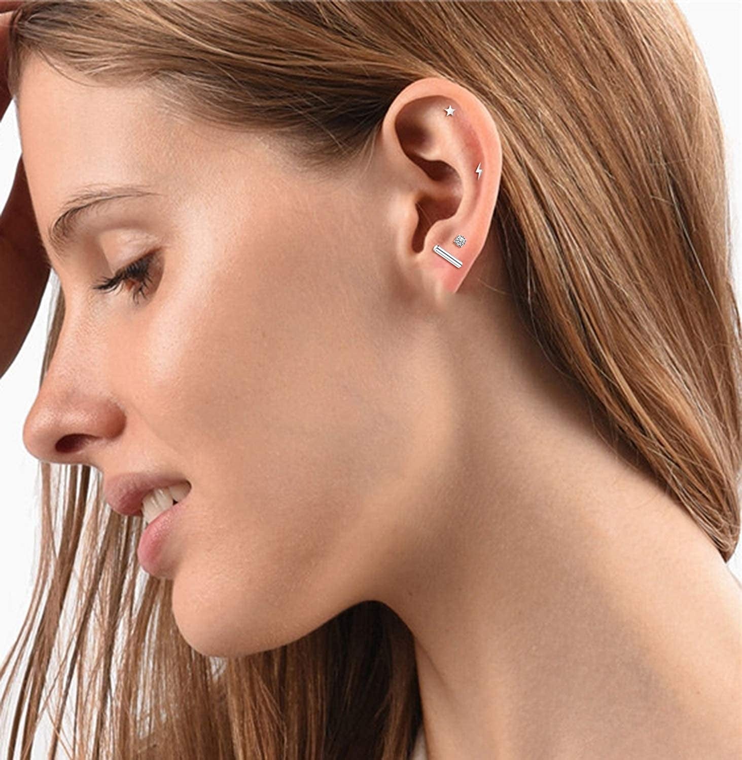 18 Pairs Tiny Cartilage Stud Earrings for Women Men Star Moon Heart Disc Ball CZ Small Screwback Flat Back Stud Earrings Stainless Steel Geometric Barbell Flatback Earrings Piercing Set