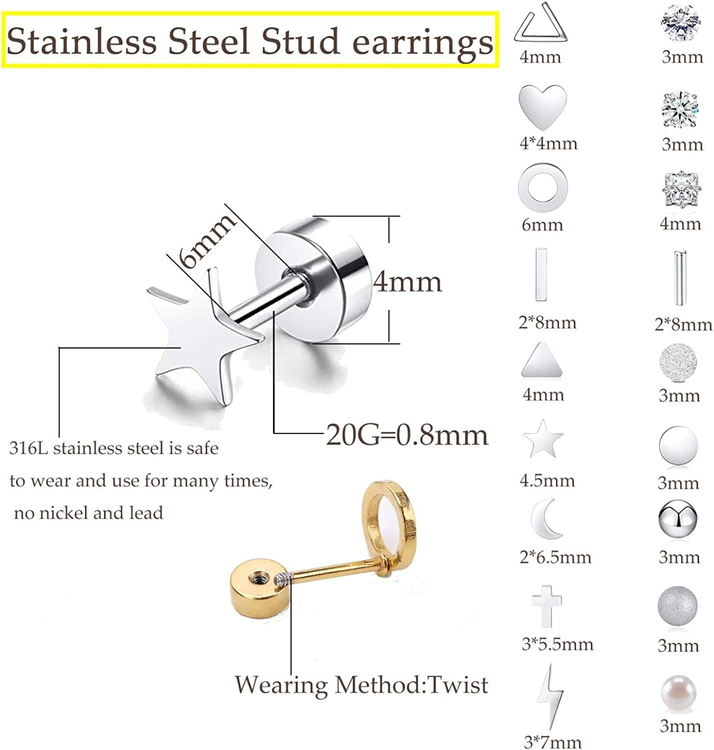 18 Pairs Tiny Cartilage Stud Earrings for Women Men Star Moon Heart Disc Ball CZ Small Screwback Flat Back Stud Earrings Stainless Steel Geometric Barbell Flatback Earrings Piercing Set
