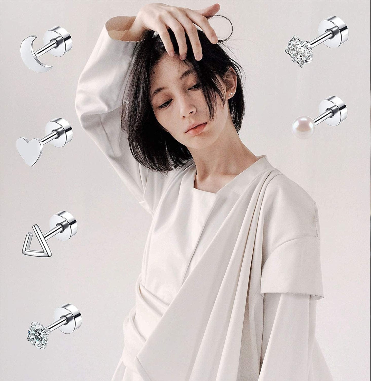 18 Pairs Tiny Cartilage Stud Earrings for Women Men Star Moon Heart Disc Ball CZ Small Screwback Flat Back Stud Earrings Stainless Steel Geometric Barbell Flatback Earrings Piercing Set