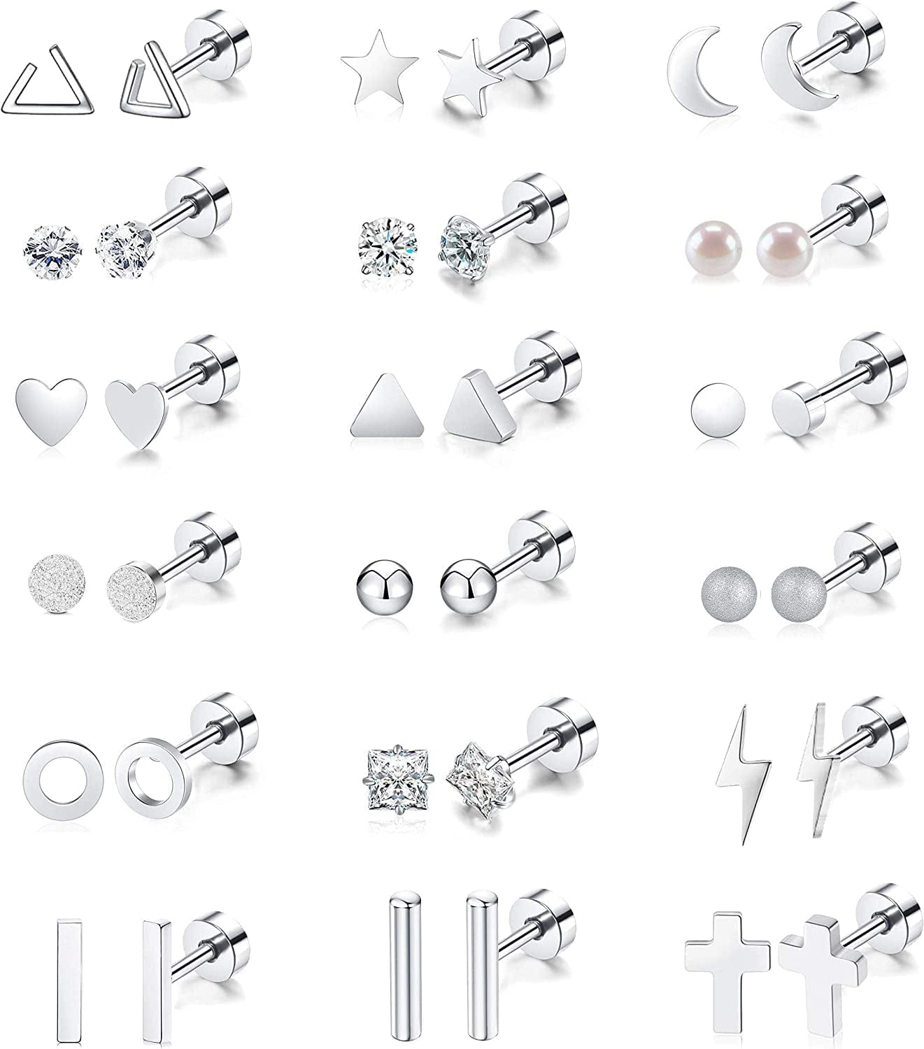 18 Pairs Tiny Cartilage Stud Earrings for Women Men Star Moon Heart Disc Ball CZ Small Screwback Flat Back Stud Earrings Stainless Steel Geometric Barbell Flatback Earrings Piercing Set Silver