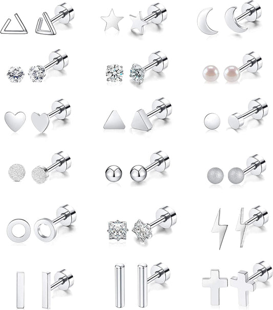 18 Pairs Tiny Cartilage Stud Earrings for Women Men Star Moon Heart Disc Ball CZ Small Screwback Flat Back Stud Earrings Stainless Steel Geometric Barbell Flatback Earrings Piercing Set Silver