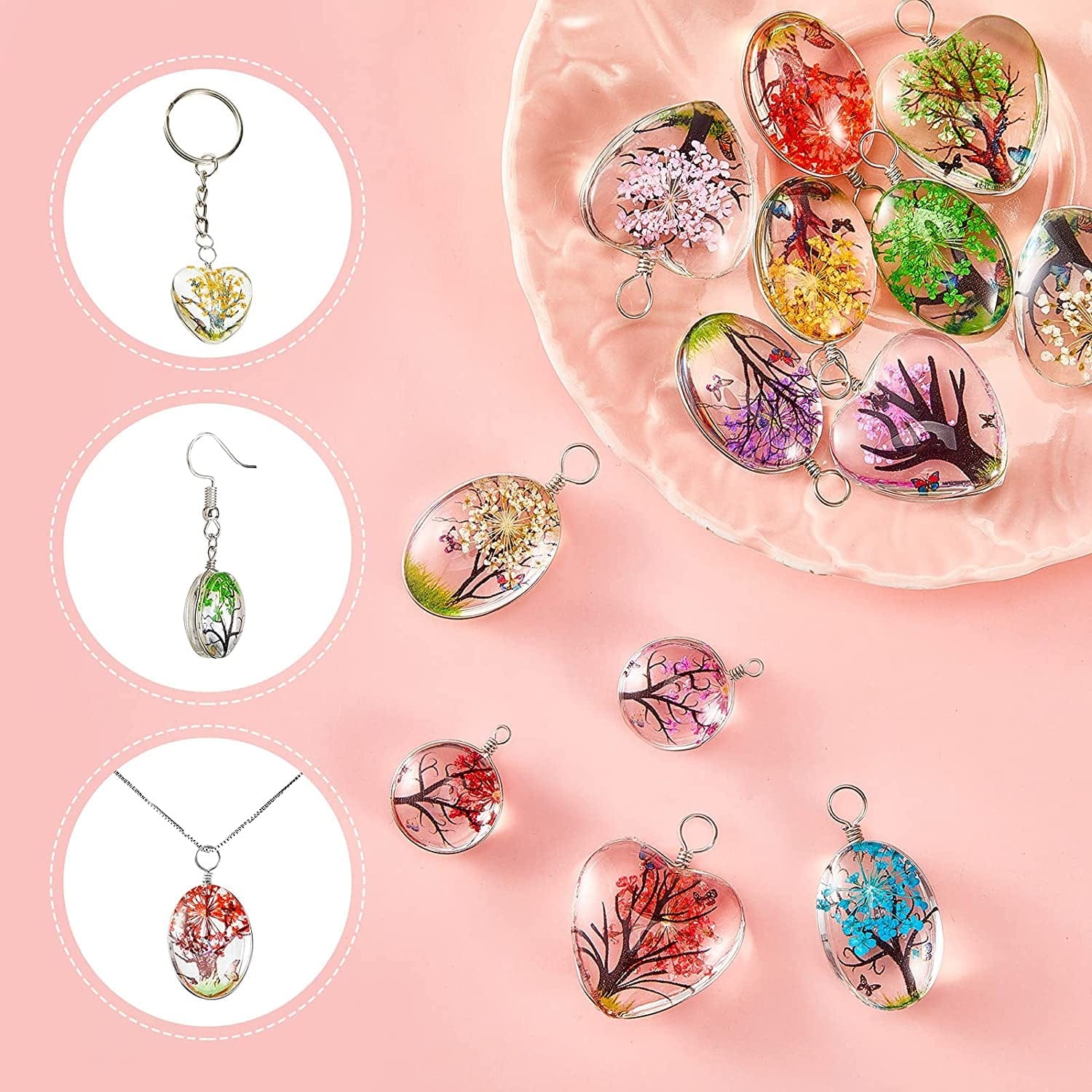 18 Pieces Dried Flower Pendant Dried Flower Tree Charms Mixed Colors Lacework Transparent Resin Charms Plant Charm Pressed Flower Charm Glass Beads Water Drop for DIY Jewelry Pendant Making Supplies