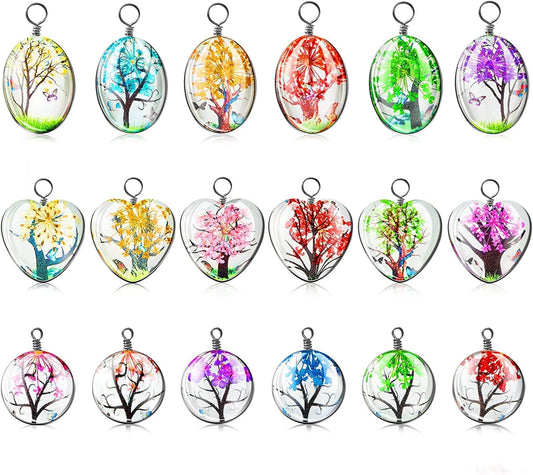 18 Pieces Dried Flower Pendant Dried Flower Tree Charms Mixed Colors Lacework Transparent Resin Charms Plant Charm Pressed Flower Charm Glass Beads Water Drop for DIY Jewelry Pendant Making Supplies