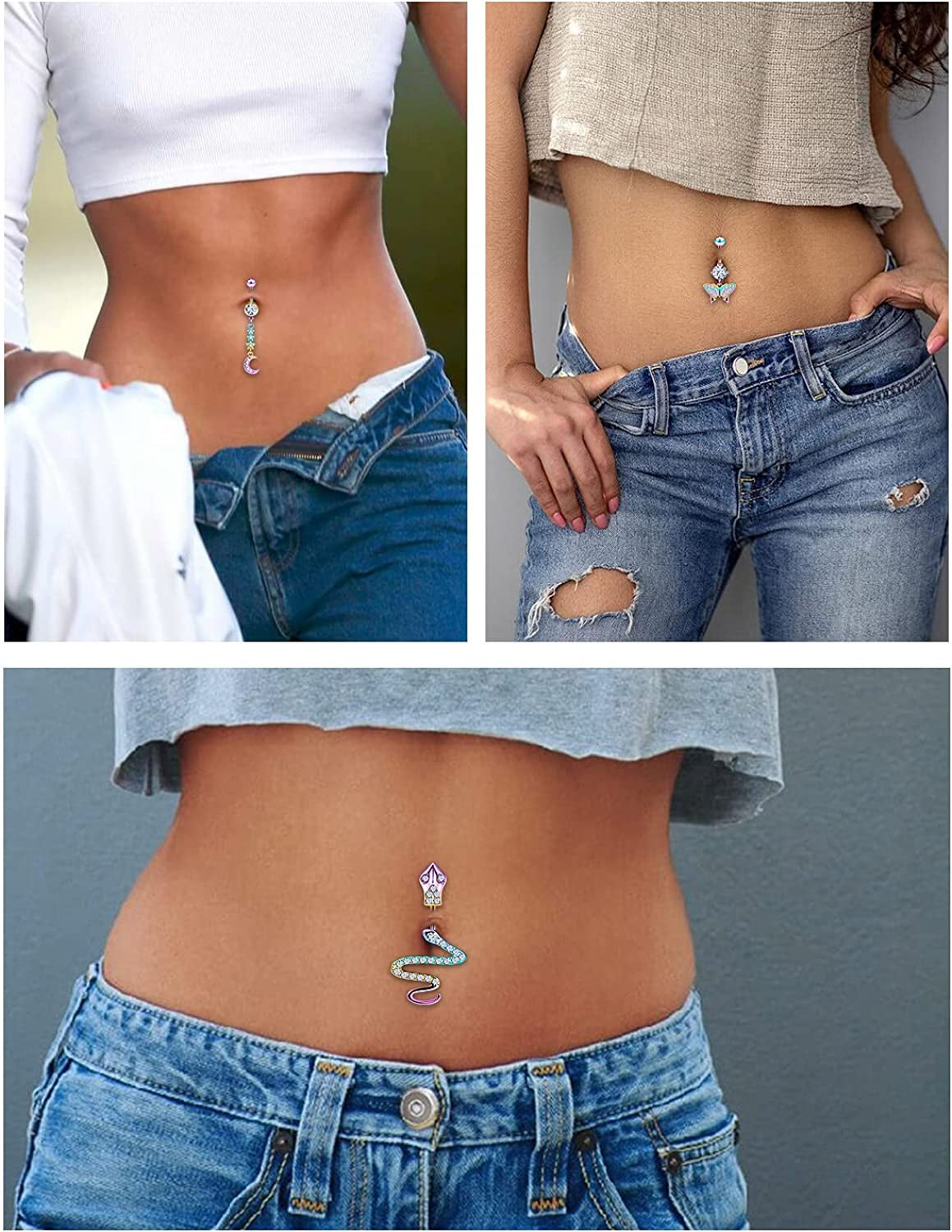 Rksndnn 14G Belly Button Rings Dangle for Women Stainless Steel Belly Rings Belly Piercing Jewelry Snake Reverse Spiral with Clear Cz Navel Rings Belly Button Ring Belly Ring Body Piercing Jewelry Apparel & Accessories > Jewelry > Rings Generic