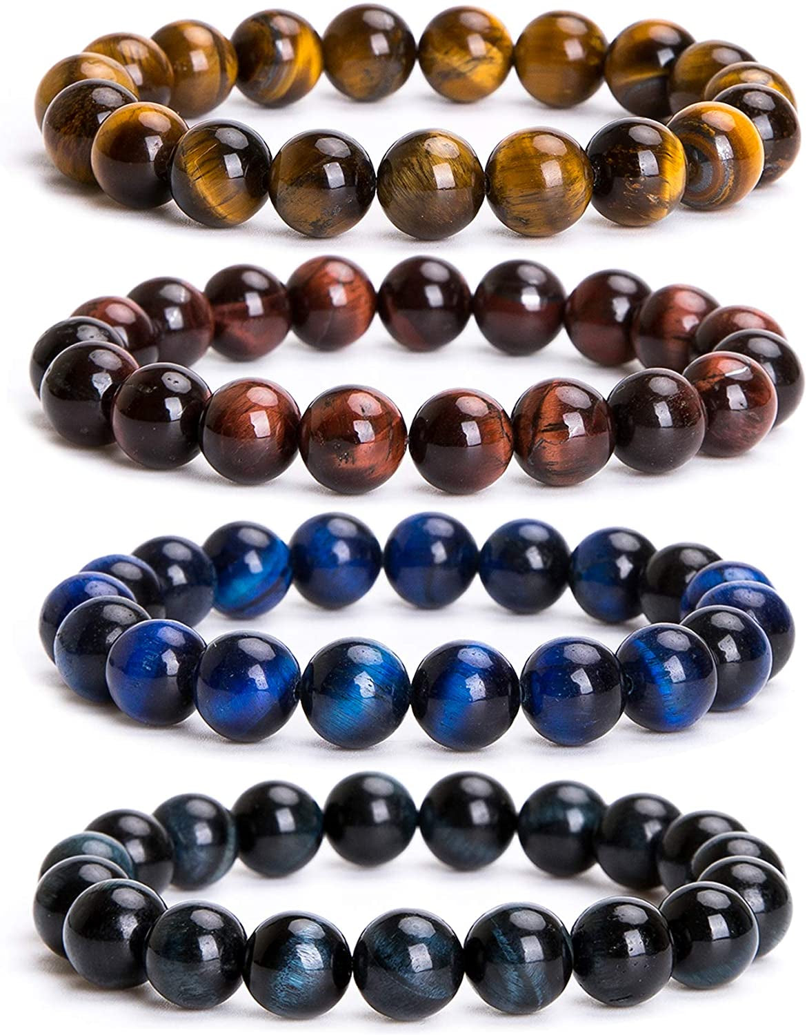Bivei Natural Gem Semi Precious Reiki Healing Crystals Handmade 8Mm round Beads Stretch Bracelet Apparel & Accessories > Jewelry > Bracelets Bivei 4PCS SET(10 mm Blue/Red/Yellow/Black Tiger Eye)