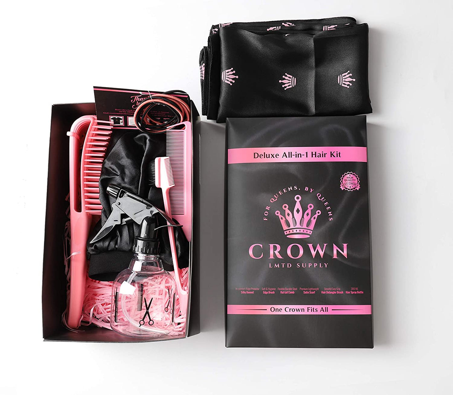 Queen Box Deluxe Womens -7 in 1 Hair Care Kit: Detangler Brush, Bonnet, Rat Tail Comb, Silky Scarf, Spray Bottle and BONUS Hair Ties. for Afro Curly & Straight Hair Health & Beauty > Personal Care > Hair Care Crown Quality