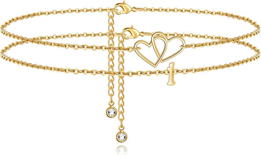 Turandoss Initial Heart Ankle Bracelets for Women, 14K Gold Filled Handmade Layered Initial Anklet Letter Two Heart Ankle Bracelets for Women Girls Beach Jewelry Apparel & Accessories > Jewelry > Anklets Turandoss I