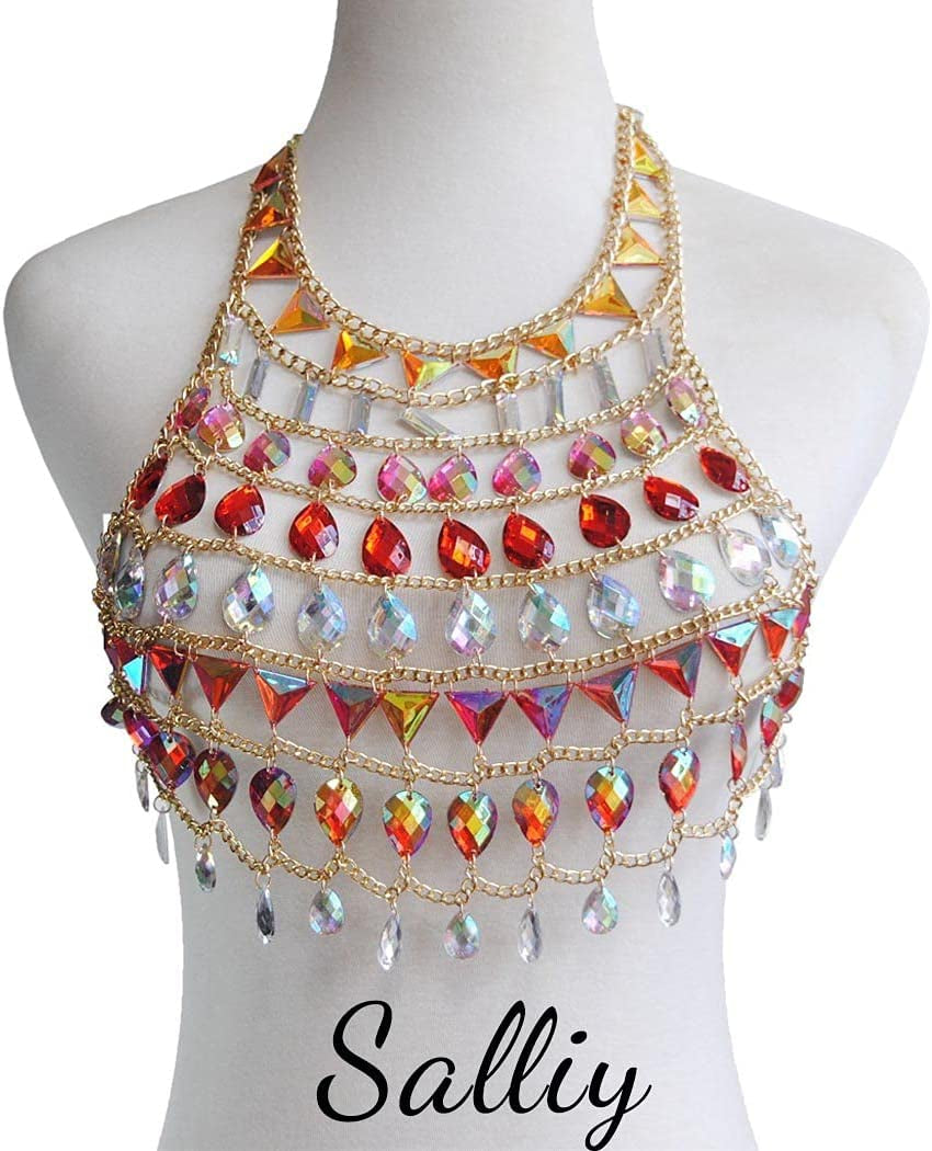 Salliy Boho Body Chain Bra Gold Sexy Rhinestone Bikini Bra Body Halter Backless Sequins Chain Bra Beach Body Accessories Jewelry for Women and Girls (Red) Apparel & Accessories > Jewelry > Body Jewelry Salliy