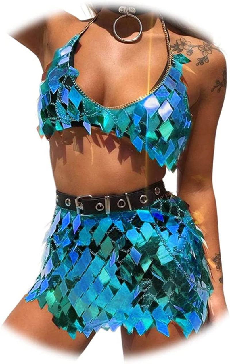 Nicute Festival Body Chain Sequins Tassel Skirt Set Sexy Summer Beach Bikini Bra Body Jewelry for Women and Girls Apparel & Accessories > Jewelry > Body Jewelry Nicute Dark Blue
