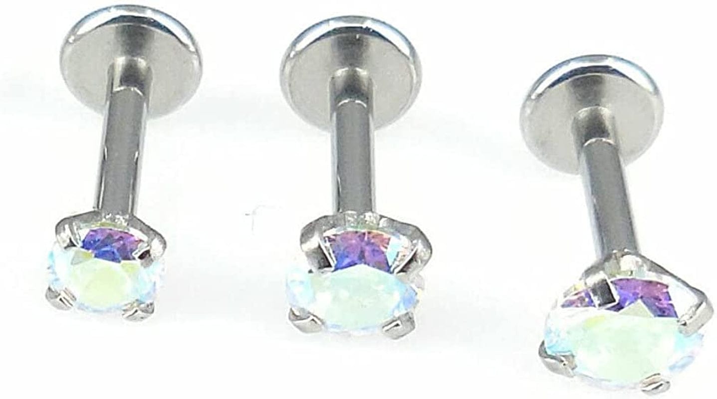 18G 1/4" Triple Forward Helix Stud Earring Stainless Steel Cartilage 2-4Mm Threadless Push Pin Prong Set AB Crystal Aurora Borealis Stone Tragus Ring Apparel & Accessories > Jewelry > Body Jewelry Generic 3,3.5,4mm Stones