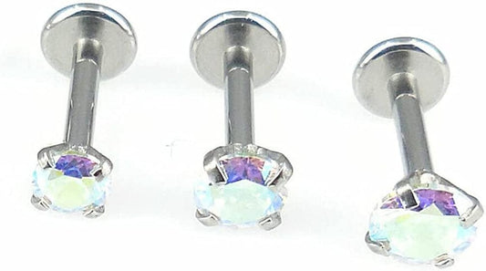 18G 1/4" Triple Forward Helix Stud Earring Stainless Steel Cartilage 2-4Mm Threadless Push Pin Prong Set AB Crystal Aurora Borealis Stone Tragus Ring Apparel & Accessories > Jewelry > Body Jewelry Generic 3,3.5,4mm Stones