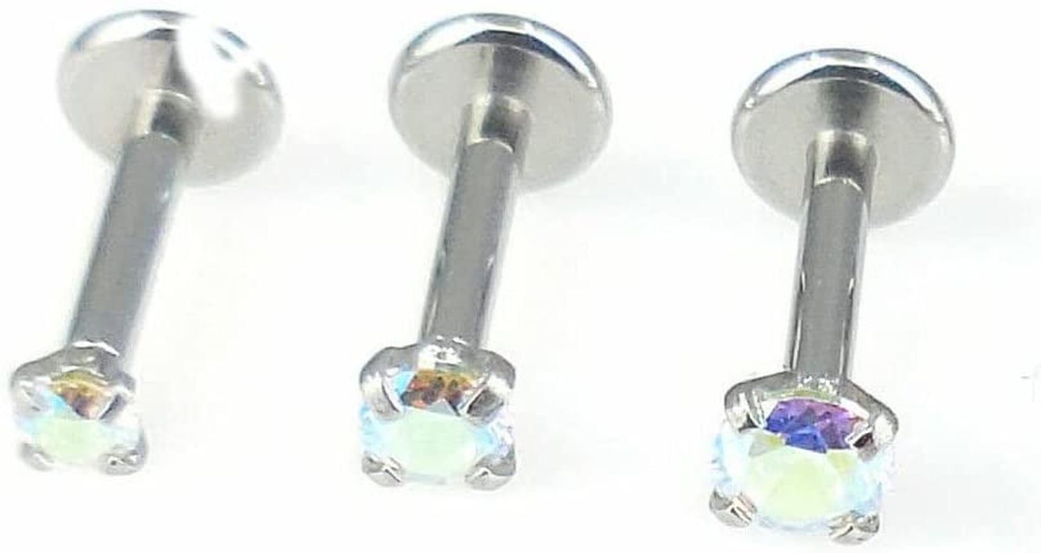 18G 1/4" Triple Forward Helix Stud Earring Stainless Steel Cartilage 2-4Mm Threadless Push Pin Prong Set AB Crystal Aurora Borealis Stone Tragus Ring Apparel & Accessories > Jewelry > Body Jewelry Generic 2,2.5,3mm Stones