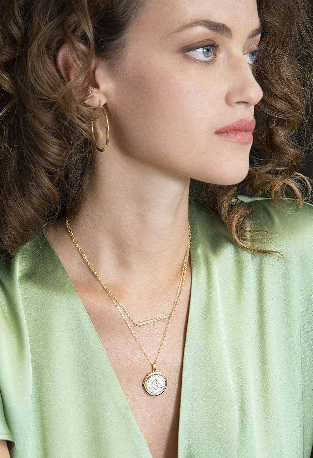 18K Gold over Sterling Silver Italian Genuine 2-Lira Bee Coin Pendant Necklace for Women 18 Inch Chain, Gold Medallion Necklace Made in Italy