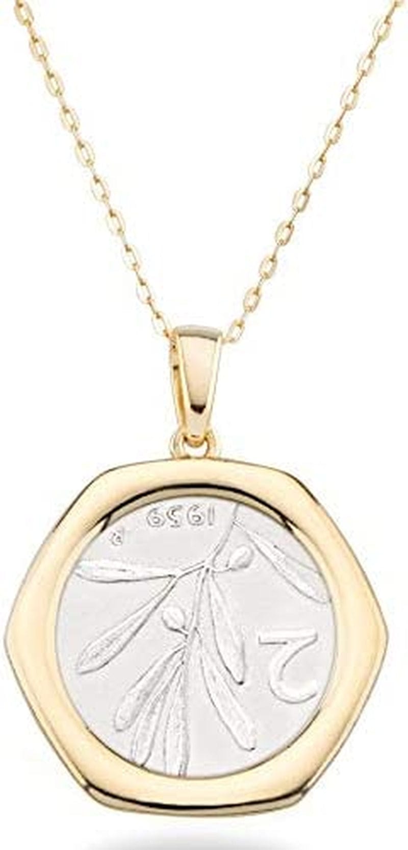 18K Gold over Sterling Silver Italian Genuine 2-Lira Bee Coin Pendant Necklace for Women 18 Inch Chain, Gold Medallion Necklace Made in Italy