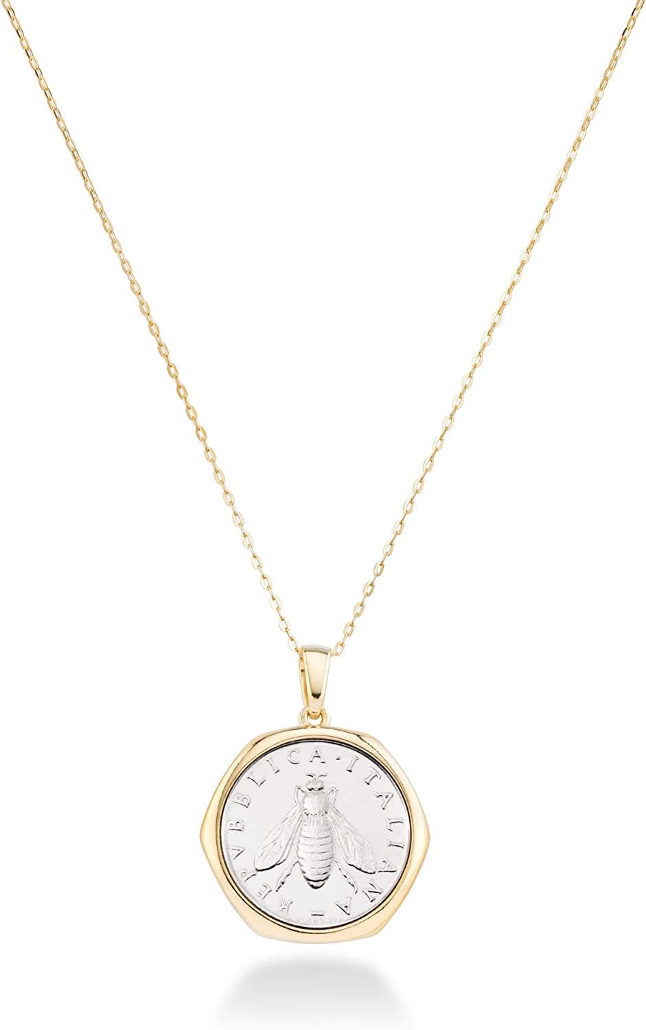 18K Gold over Sterling Silver Italian Genuine 2-Lira Bee Coin Pendant Necklace for Women 18 Inch Chain, Gold Medallion Necklace Made in Italy