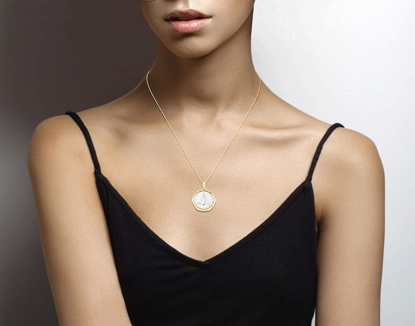 18K Gold over Sterling Silver Italian Genuine 2-Lira Bee Coin Pendant Necklace for Women 18 Inch Chain, Gold Medallion Necklace Made in Italy