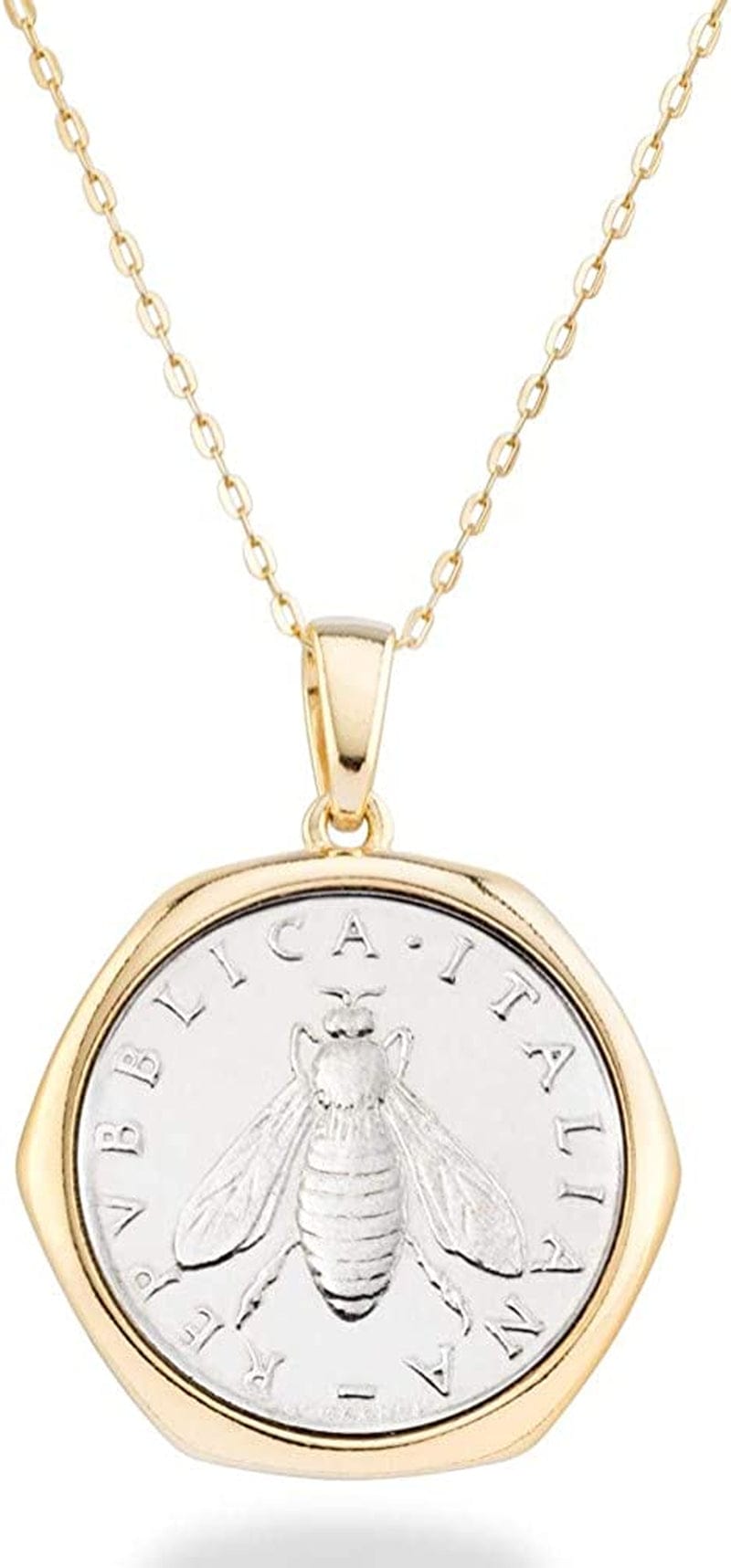18K Gold over Sterling Silver Italian Genuine 2-Lira Bee Coin Pendant Necklace for Women 18 Inch Chain, Gold Medallion Necklace Made in Italy