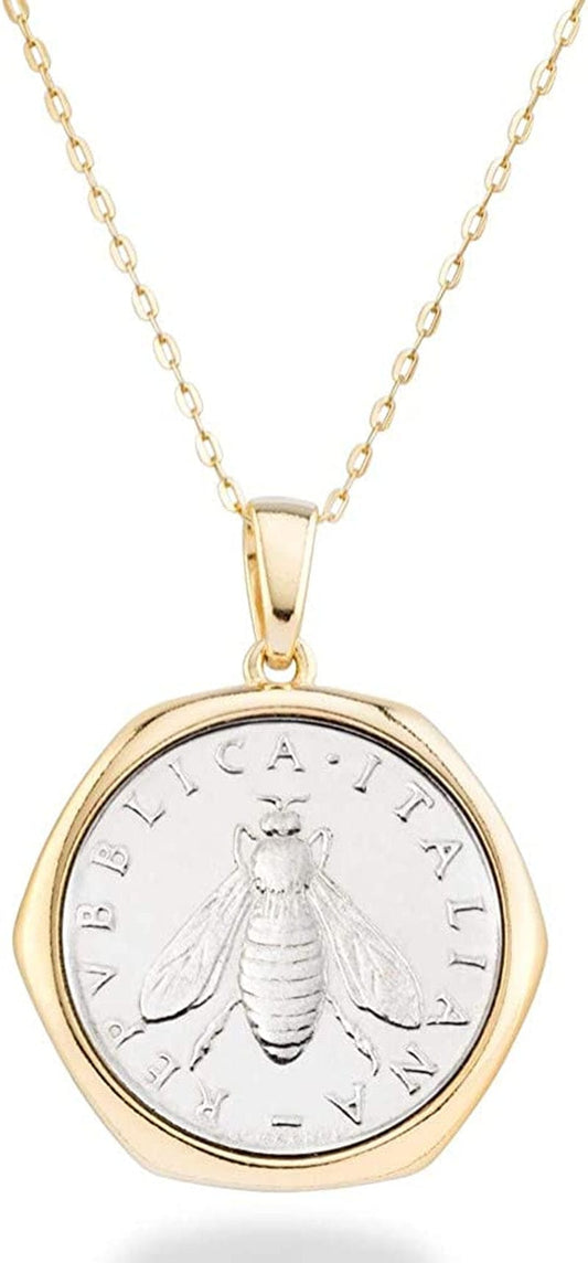 18K Gold over Sterling Silver Italian Genuine 2-Lira Bee Coin Pendant Necklace for Women 18 Inch Chain, Gold Medallion Necklace Made in Italy