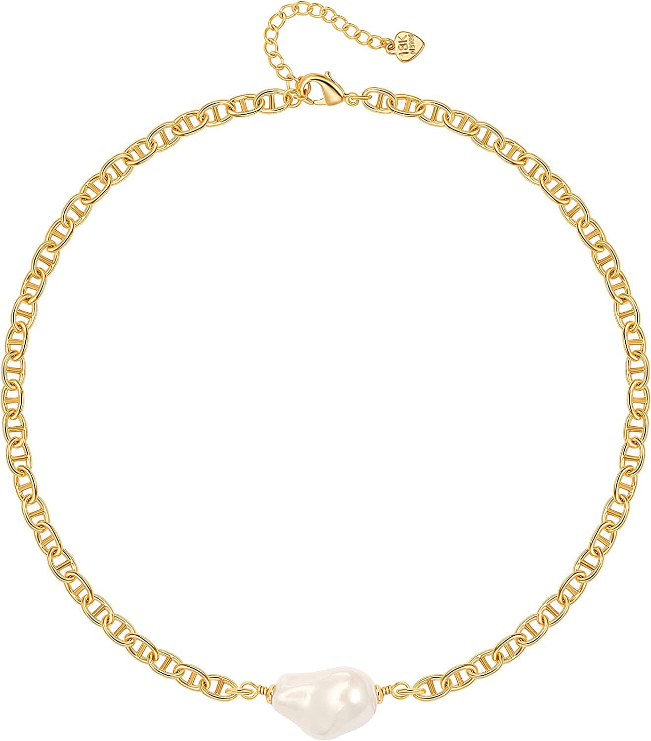 18K Gold Paperclip Chain Choker Satellite Chain Lava Bead Pendant Necklace Dainty Jewelry for Women 16'' Mariner Chain Baroque Pearl