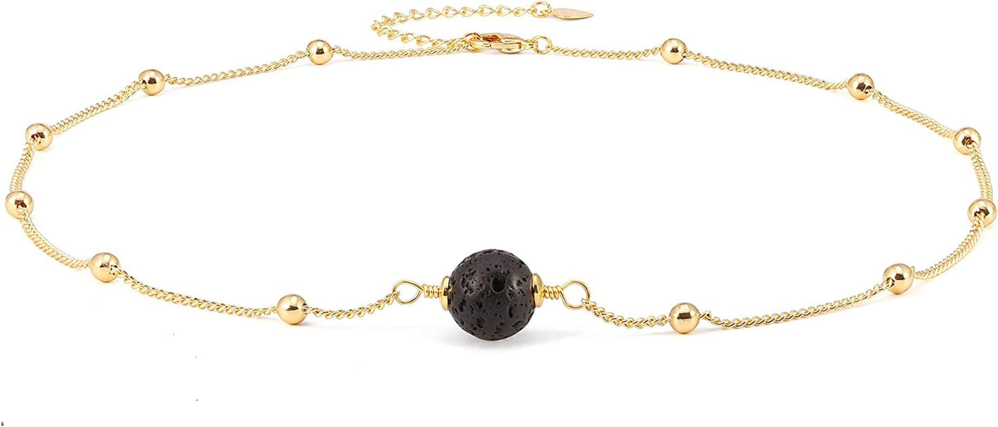 18K Gold Paperclip Chain Choker Satellite Chain Lava Bead Pendant Necklace Dainty Jewelry for Women 16'' Lava Bead