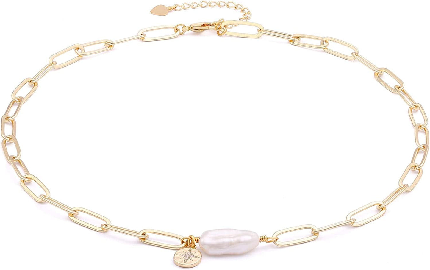 18K Gold Paperclip Chain Choker Satellite Chain Lava Bead Pendant Necklace Dainty Jewelry for Women 16'' Pearl Chain Choker