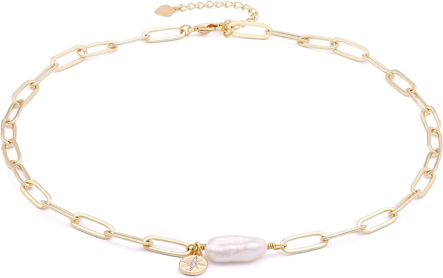 18K Gold Paperclip Chain Choker Satellite Chain Lava Bead Pendant Necklace Dainty Jewelry for Women 16'' Pearl Chain Choker