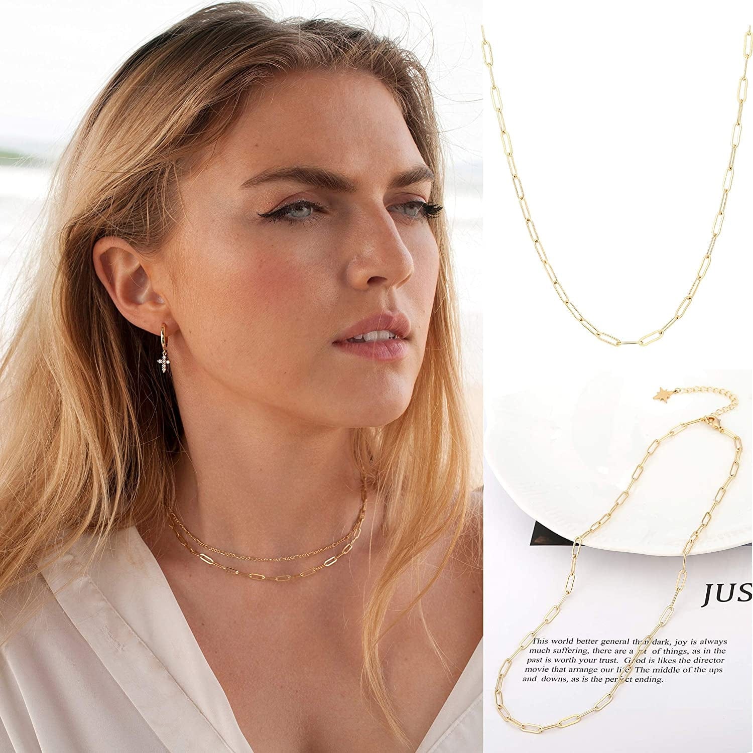 18K Gold Paperclip Chain Choker Satellite Chain Lava Bead Pendant Necklace Dainty Jewelry for Women 16''