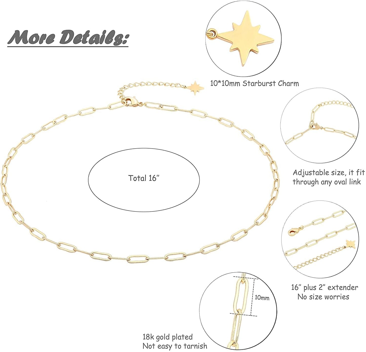 18K Gold Paperclip Chain Choker Satellite Chain Lava Bead Pendant Necklace Dainty Jewelry for Women 16''