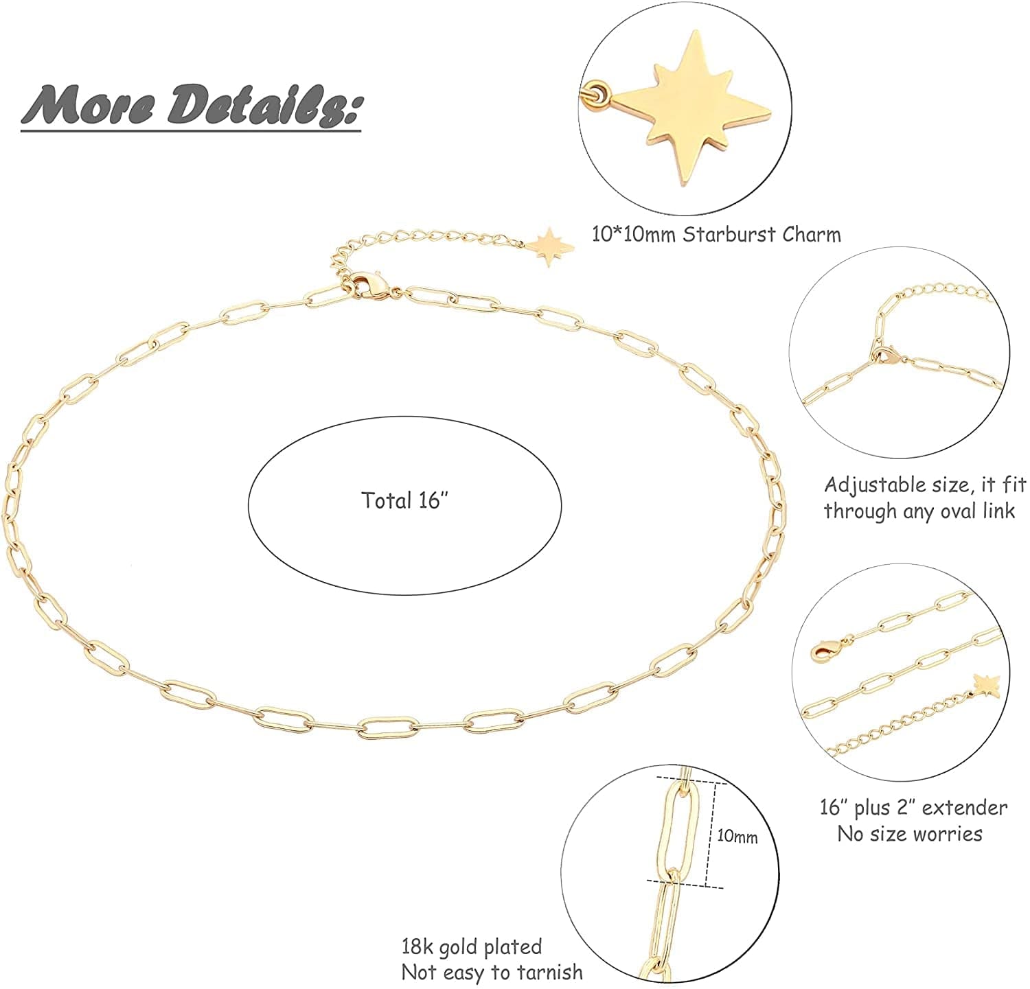 18K Gold Paperclip Chain Choker Satellite Chain Lava Bead Pendant Necklace Dainty Jewelry for Women 16''