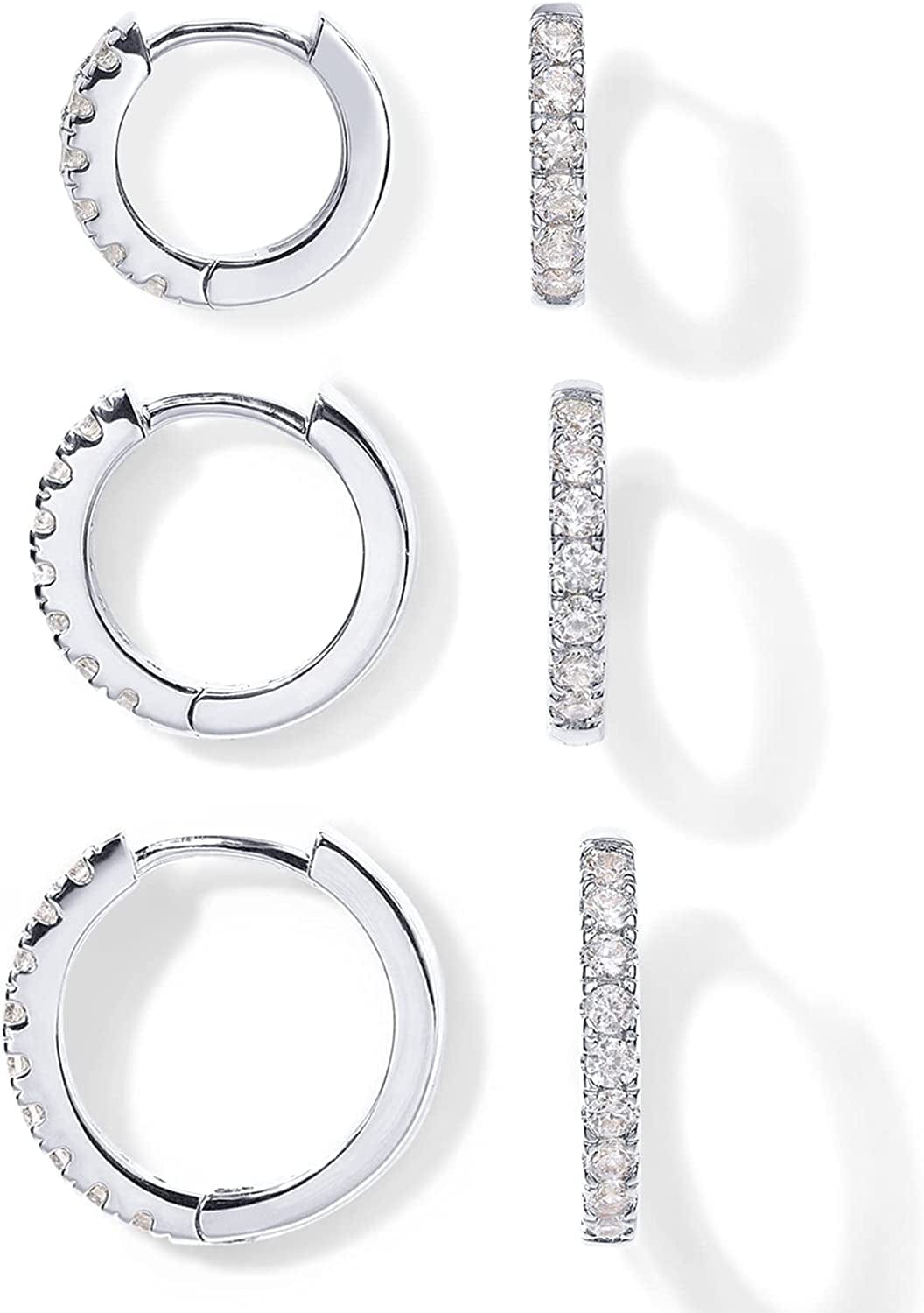 18K Gold Plated 925 Sterling Silver Post, 3 Pairs Small Gold Hoop Earrings Set | Mini Cartilage Helix Huggie Hoop Pack for Women Men 8Mm 10Mm 12Mm White Gold