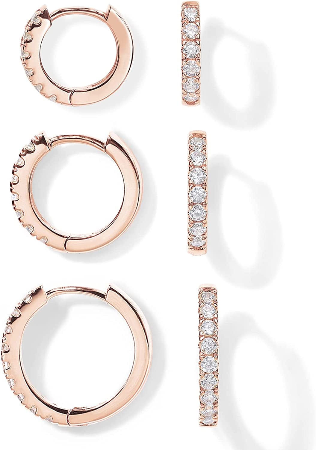 18K Gold Plated 925 Sterling Silver Post, 3 Pairs Small Gold Hoop Earrings Set | Mini Cartilage Helix Huggie Hoop Pack for Women Men 8Mm 10Mm 12Mm Rose Gold