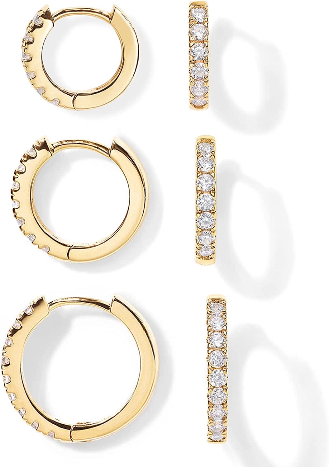 18K Gold Plated 925 Sterling Silver Post, 3 Pairs Small Gold Hoop Earrings Set | Mini Cartilage Helix Huggie Hoop Pack for Women Men 8Mm 10Mm 12Mm Yellow Gold