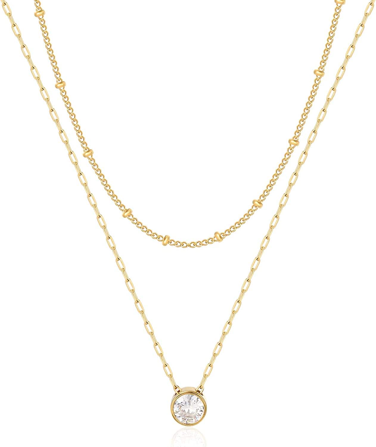 18K Gold Plated Chain Layered Necklaces for Women Statement Chain Pendant Necklace Set Dainty Layered Chain Y Pendant Necklaces for Women Girls Crystal&Bead Gold