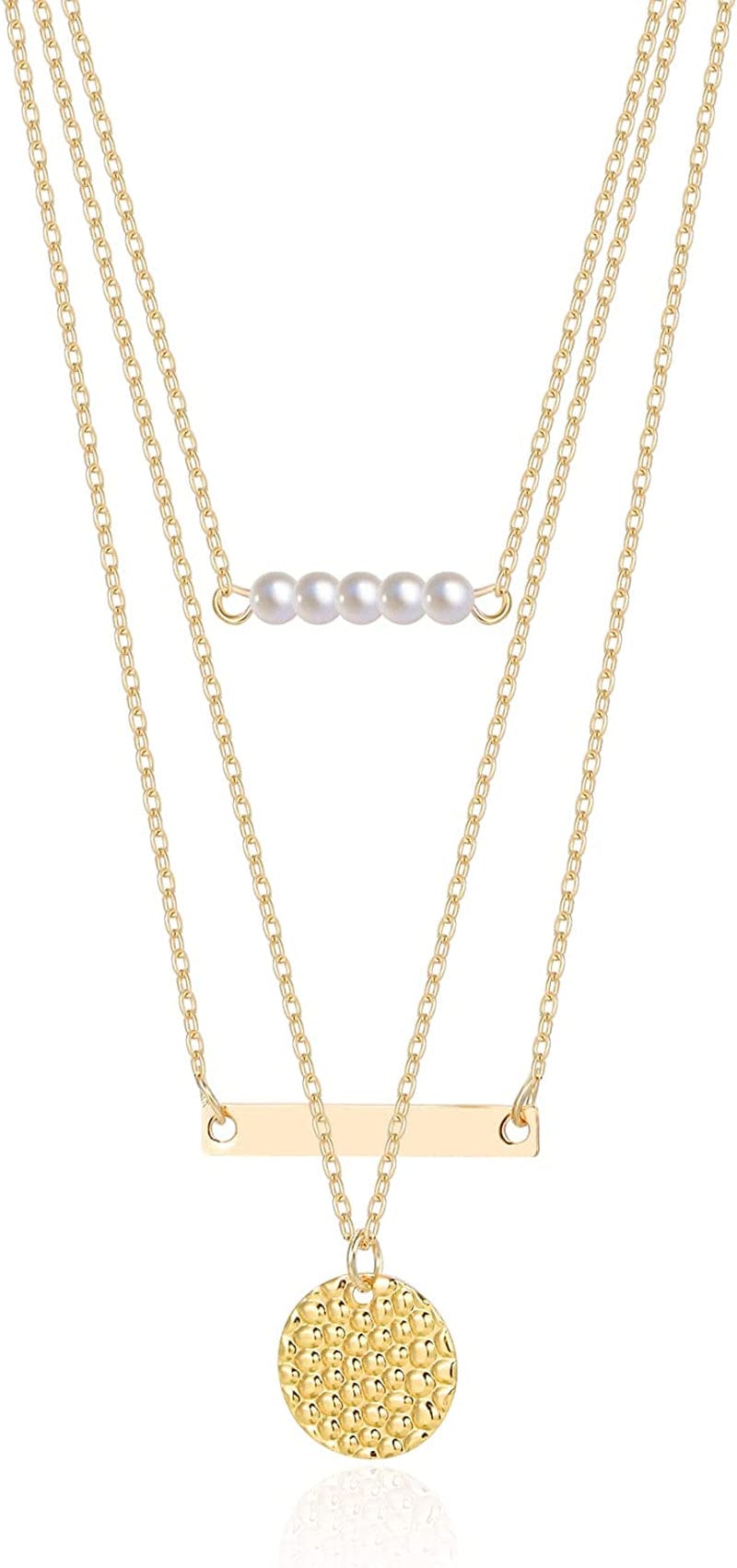 18K Gold Plated Chain Layered Necklaces for Women Statement Chain Pendant Necklace Set Dainty Layered Chain Y Pendant Necklaces for Women Girls Pearl&Bar&Disc Gold