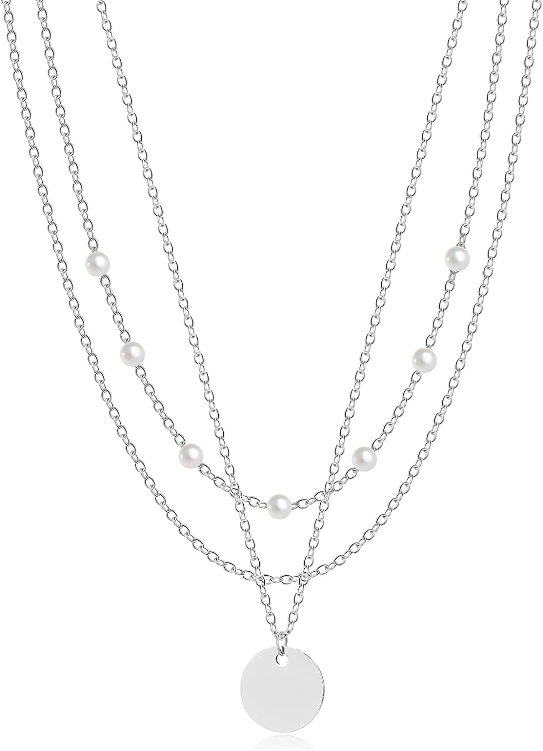 18K Gold Plated Chain Layered Necklaces for Women Statement Chain Pendant Necklace Set Dainty Layered Chain Y Pendant Necklaces for Women Girls Pearl&Disc Sliver
