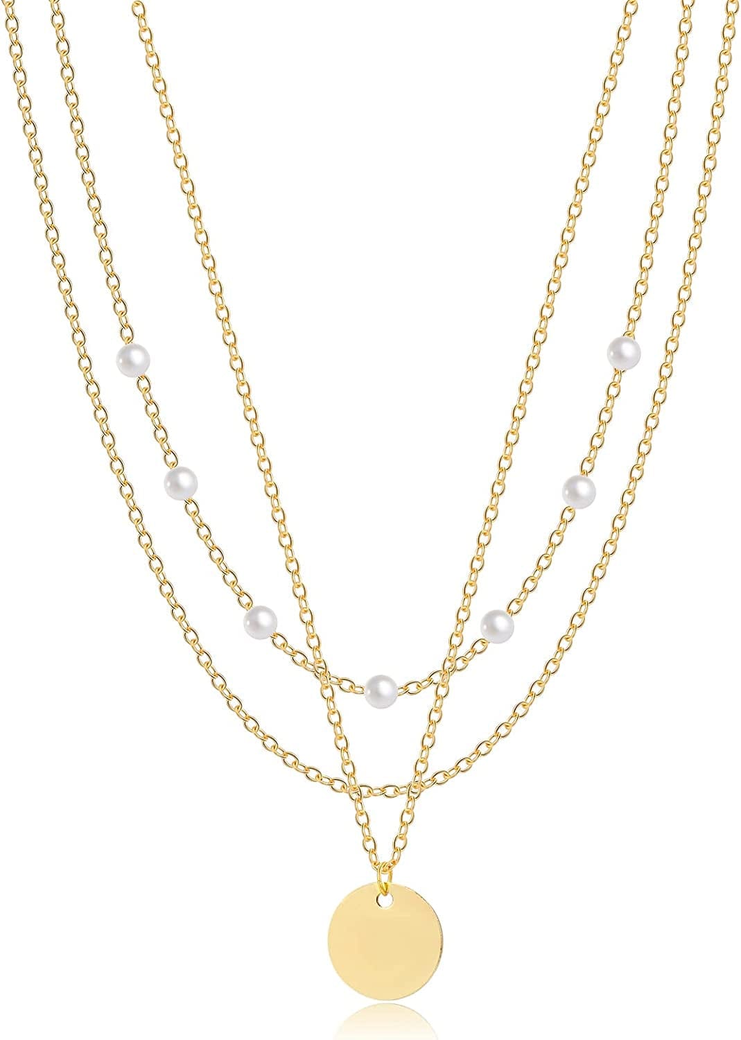 18K Gold Plated Chain Layered Necklaces for Women Statement Chain Pendant Necklace Set Dainty Layered Chain Y Pendant Necklaces for Women Girls Pearl&Disc Gold
