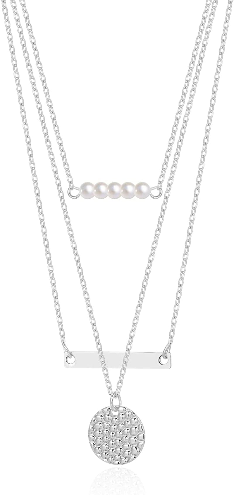 18K Gold Plated Chain Layered Necklaces for Women Statement Chain Pendant Necklace Set Dainty Layered Chain Y Pendant Necklaces for Women Girls Pearl&Bar&Disc Sliver