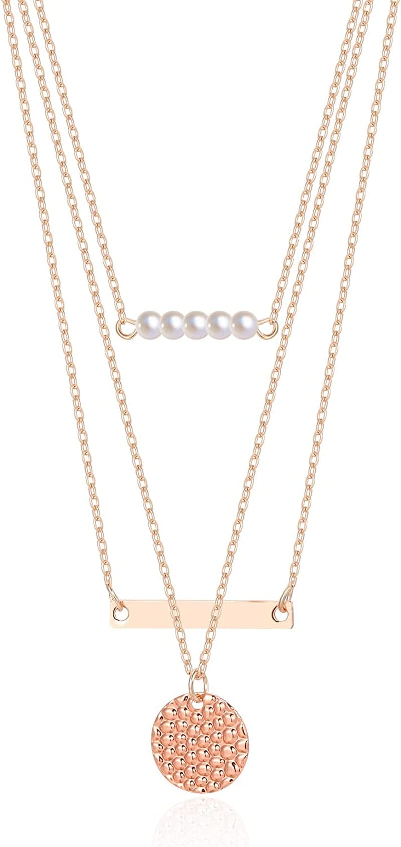 18K Gold Plated Chain Layered Necklaces for Women Statement Chain Pendant Necklace Set Dainty Layered Chain Y Pendant Necklaces for Women Girls Pearl&Bar&Disc Rose Gold